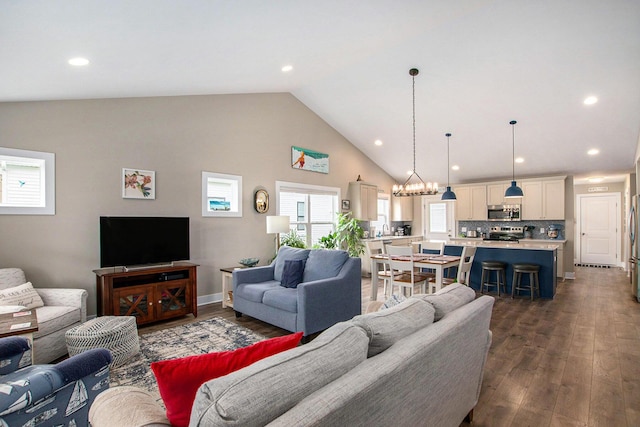 964 Everett Pkwy, South Haven, MI 49090 - living room featuring dark wood-style floors, recessed lighting, and high vaulted ceiling