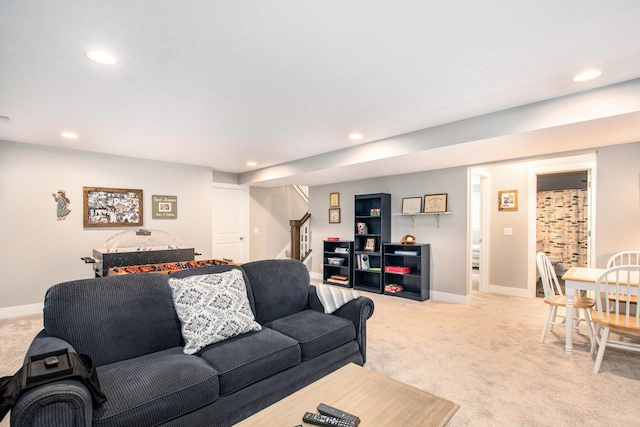 964 Everett Pkwy, South Haven, MI 49090 - living room with light carpet, recessed lighting, and stairs