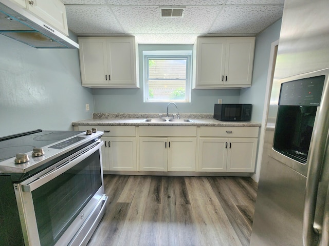 254 Holly St SW, Grand Rapids, MI 49548 - kitchen featuring appliances with stainless steel finishes, exhaust hood, wood finished floors, a drop ceiling, and light countertops