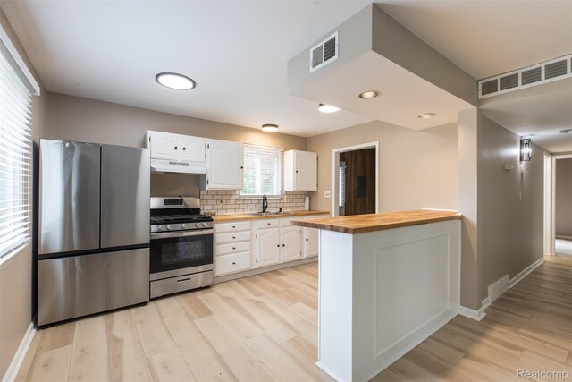 6580 Troy St, Southgate, MI 48180 - kitchen with appliances with stainless steel finishes, wood counters, under cabinet range hood, and light wood finished floors