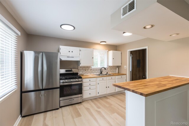 6580 Troy St, Southgate, MI 48180 - kitchen featuring stainless steel appliances, wooden counters, under cabinet range hood, white cabinets, and decorative backsplash