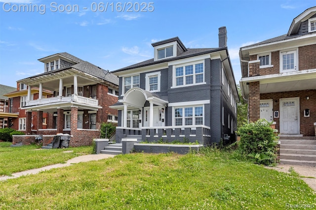 7432 Churchill St, Detroit, MI 48206 - view of front of property with a chimney, a front yard, and brick siding
