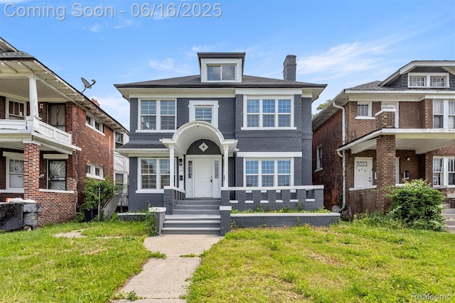 7432 Churchill St, Detroit, MI 48206 - view of front of property featuring a chimney, brick siding, and a front lawn