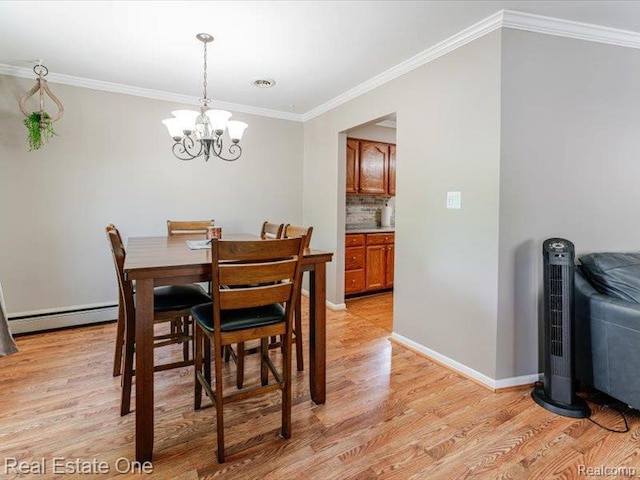 871 Vanderpool Dr, Troy, MI 48083 - dining area featuring a baseboard radiator, light wood-style flooring, a chandelier, and ornamental molding