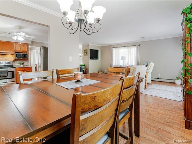 871 Vanderpool Dr, Troy, MI 48083 - dining area featuring a baseboard radiator, a chandelier, crown molding, and light wood finished floors