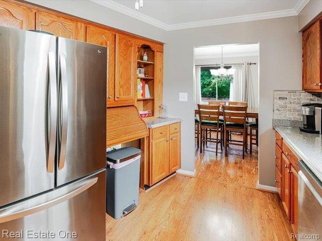 871 Vanderpool Dr, Troy, MI 48083 - kitchen with stainless steel appliances, light wood-style flooring, brown cabinets, backsplash, and ornamental molding