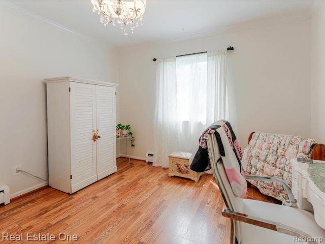 871 Vanderpool Dr, Troy, MI 48083 - office with crown molding, light wood-type flooring, a chandelier, and a baseboard heating unit