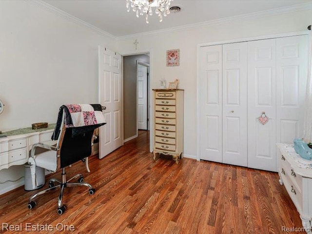 871 Vanderpool Dr, Troy, MI 48083 - office featuring wood finished floors, a chandelier, and ornamental molding