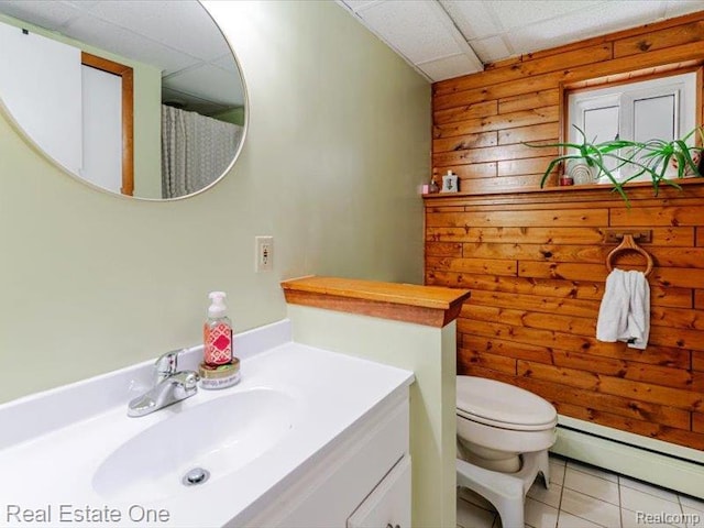 871 Vanderpool Dr, Troy, MI 48083 - full bath with a baseboard radiator, wooden walls, vanity, and tile patterned floors