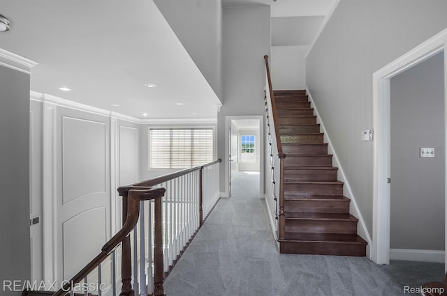 24825 Reeds Pointe Dr, Novi, MI 48374 - stairs featuring carpet flooring, recessed lighting, and crown molding