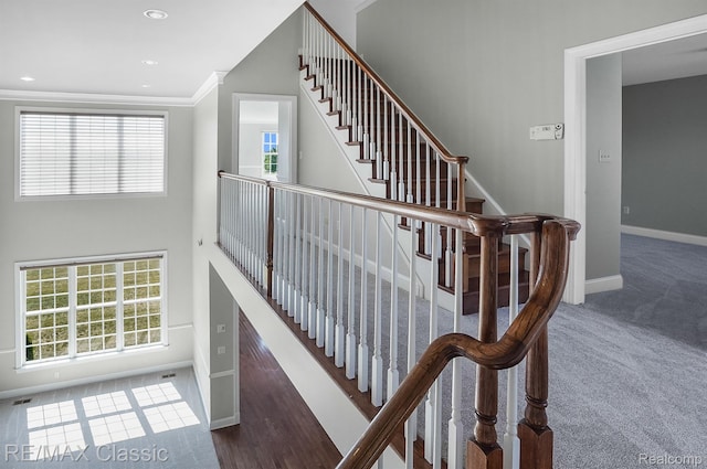 24825 Reeds Pointe Dr, Novi, MI 48374 - stairway featuring carpet flooring, recessed lighting, and ornamental molding