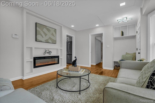 19505 Santa Barbara Dr, Detroit, MI 48221 - living room with wood finished floors, built in features, a glass covered fireplace, and recessed lighting