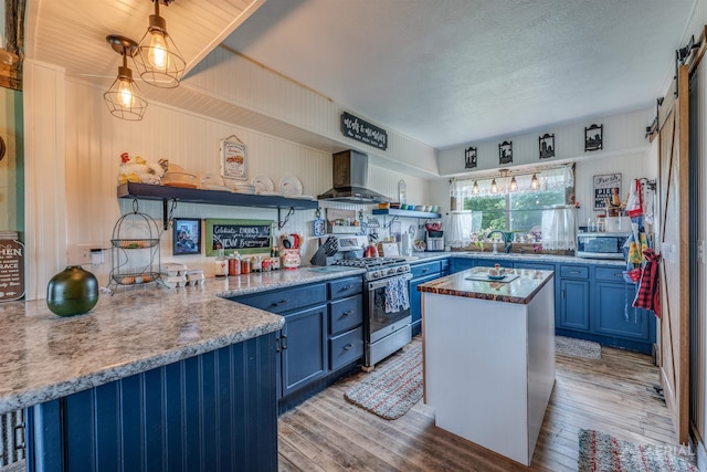 4441 Deckerville Rd, Lupton, MI 48635 - kitchen featuring stainless steel appliances, blue cabinetry, open shelves, wall chimney range hood, and light wood-style flooring