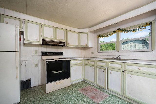 6038 SW Maple Hill Rd, Fife Lake, MI 49633 - kitchen with range with electric stovetop, freestanding refrigerator, under cabinet range hood, and light countertops
