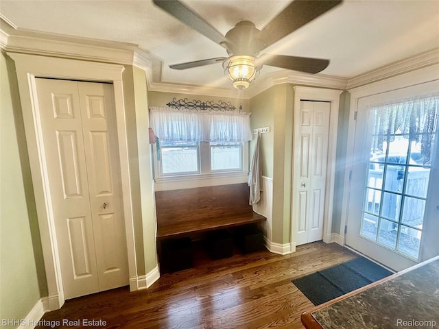 403 N Oak St, Durand, MI 48429 - mudroom featuring ornamental molding, a ceiling fan, and wood finished floors