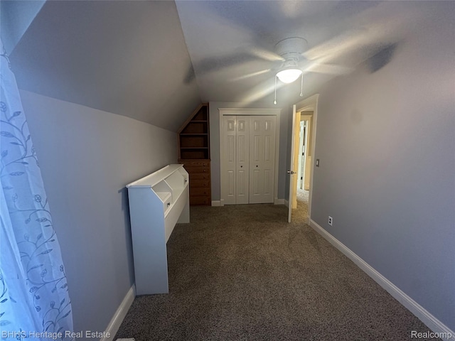 403 N Oak St, Durand, MI 48429 - bonus room with carpet flooring, built in features, vaulted ceiling, and ceiling fan