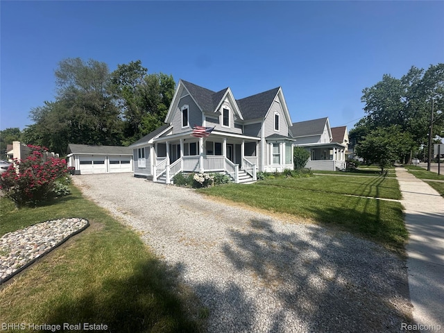 403 N Oak St, Durand, MI 48429 - view of front of home with covered porch, a garage, a front yard, an outbuilding, and a shingled roof