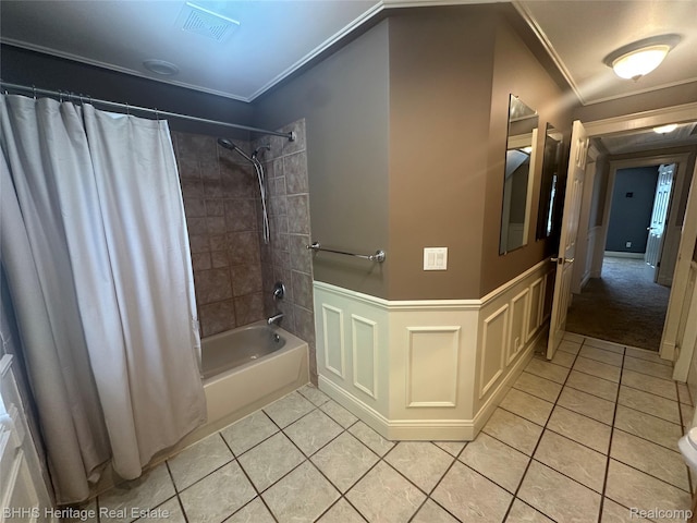 403 N Oak St, Durand, MI 48429 - full bath featuring tile patterned floors, shower / bath combo with shower curtain, and ornamental molding