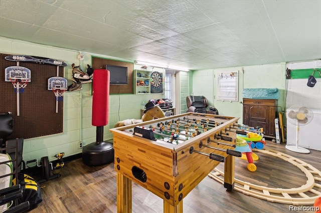 6003 Rolton Ct, Waterford, MI 48329 - playroom featuring wood finished floors and concrete block wall