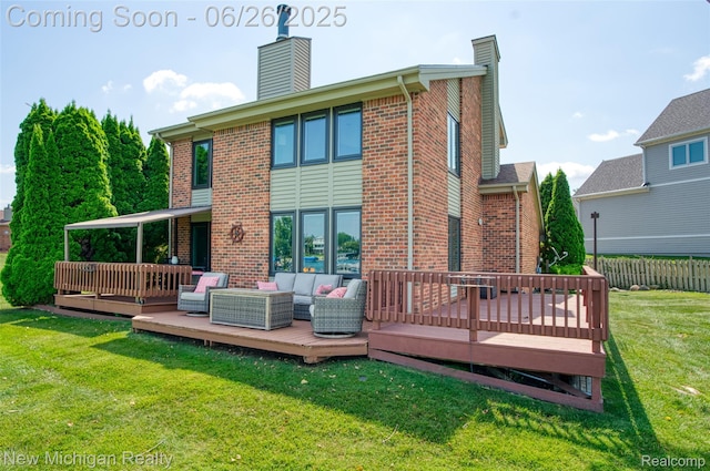 2226 Bowles St, Fenton, MI 48430 - back of property with a chimney, an outdoor hangout area, brick siding, and a deck