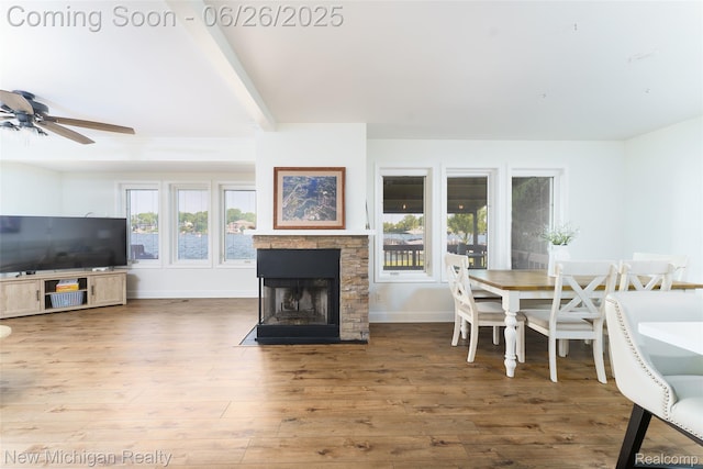 2226 Bowles St, Fenton, MI 48430 - living room with wood finished floors, a fireplace, and a ceiling fan