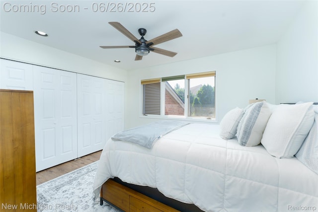 2226 Bowles St, Fenton, MI 48430 - bedroom featuring a closet, wood finished floors, recessed lighting, and ceiling fan