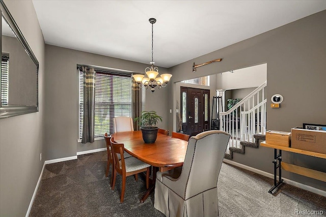 5390 Plantation Dr, Commerce Twp, MI 48382 - dining area featuring a chandelier, healthy amount of natural light, stairway, and carpet floors