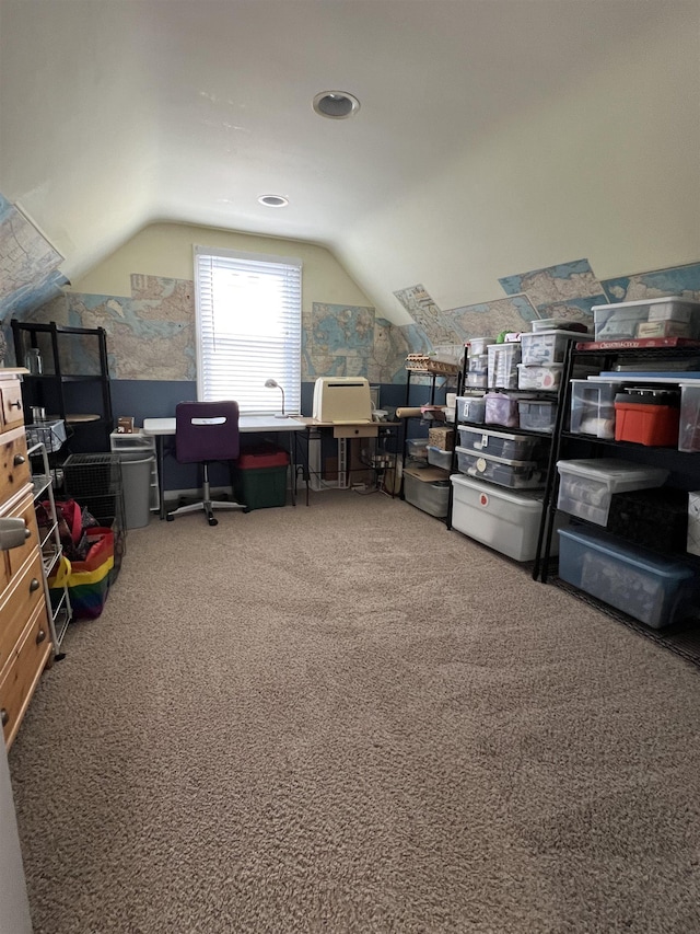 343 Bush Ave, Grand Blanc, MI 48439 - office area featuring vaulted ceiling and carpet flooring