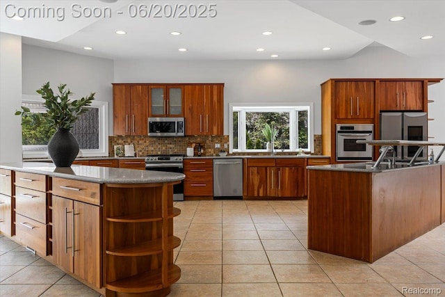 3440 Lone Pine Rd, West Bloomfield, MI 48323 - kitchen with appliances with stainless steel finishes, open shelves, decorative backsplash, recessed lighting, and light tile patterned floors
