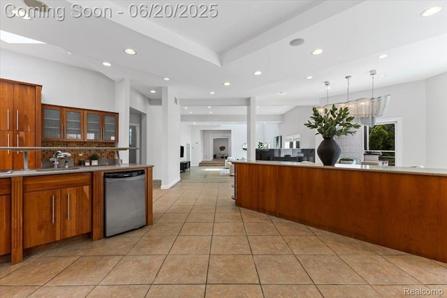 3440 Lone Pine Rd, West Bloomfield, MI 48323 - kitchen with dishwasher, recessed lighting, brown cabinets, backsplash, and light tile patterned floors