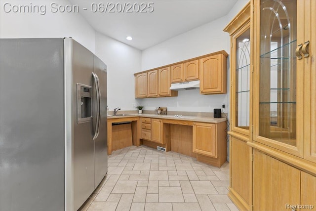 3440 Lone Pine Rd, West Bloomfield, MI 48323 - kitchen with stainless steel fridge, under cabinet range hood, light countertops, glass insert cabinets, and recessed lighting