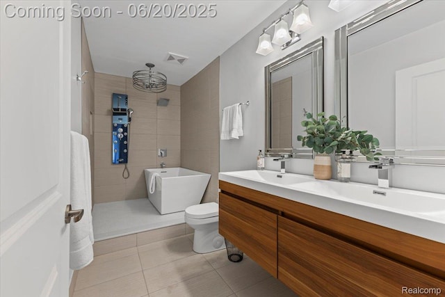 3440 Lone Pine Rd, West Bloomfield, MI 48323 - full bath featuring a soaking tub, double vanity, tile patterned flooring, a chandelier, and tiled shower