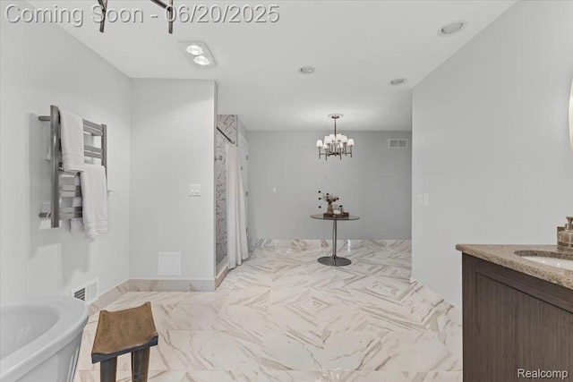 3440 Lone Pine Rd, West Bloomfield, MI 48323 - bathroom with vanity, a chandelier, marble look tiles, a tub, and recessed lighting