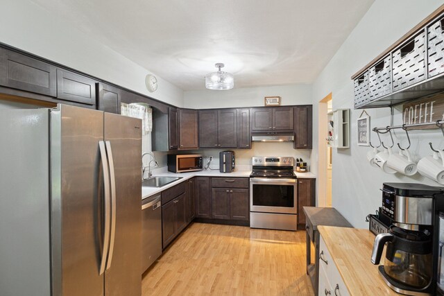 70838 Ridgewood Dr, Edwardsburg, MI 49112 - kitchen with stainless steel appliances, under cabinet range hood, dark brown cabinetry, light wood-style flooring, and wood counters