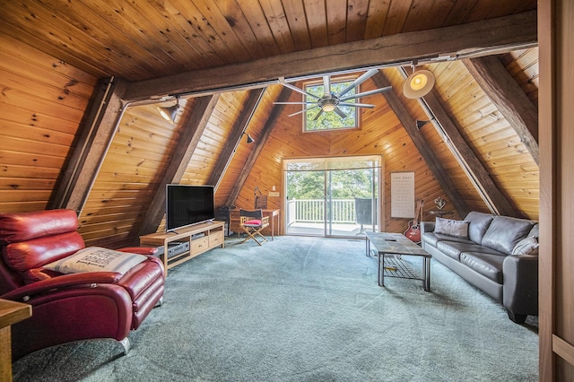 13674 Lenore Dr, Hudson, MI 49247 - living area with rail lighting, carpet floors, wood walls, wooden ceiling, and a ceiling fan