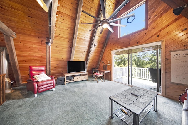 13674 Lenore Dr, Hudson, MI 49247 - carpeted living room featuring wood walls, a ceiling fan, and wooden ceiling