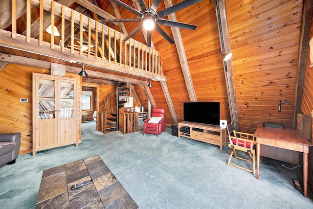 13674 Lenore Dr, Hudson, MI 49247 - carpeted living room featuring wooden walls, a ceiling fan, and wood ceiling