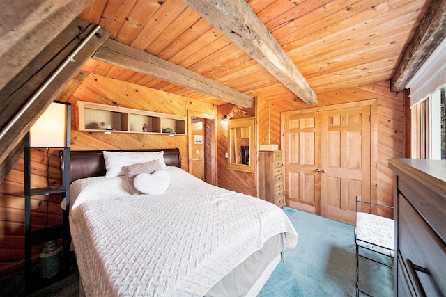 13674 Lenore Dr, Hudson, MI 49247 - bedroom with wood walls, carpet, and wooden ceiling