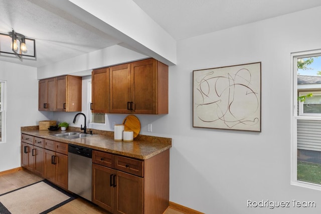 1235 Aurora Ave, Muskegon, MI 49442 - kitchen featuring stainless steel dishwasher, brown cabinetry, and light wood finished floors