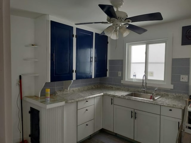 7761 Artesian St, Detroit, MI 48228 - kitchen featuring tasteful backsplash, ceiling fan, white cabinetry, and blue cabinets