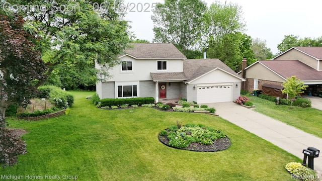 34516 Bunker Hill Dr, Farmington, MI 48331 - traditional-style home featuring an attached garage, concrete driveway, a front yard, brick siding, and roof with shingles