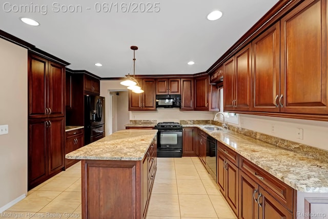 34516 Bunker Hill Dr, Farmington, MI 48331 - kitchen with black appliances, light tile patterned flooring, a center island, light stone counters, and recessed lighting