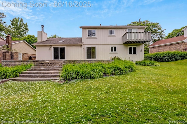 34516 Bunker Hill Dr, Farmington, MI 48331 - back of property featuring a balcony, a lawn, and a chimney