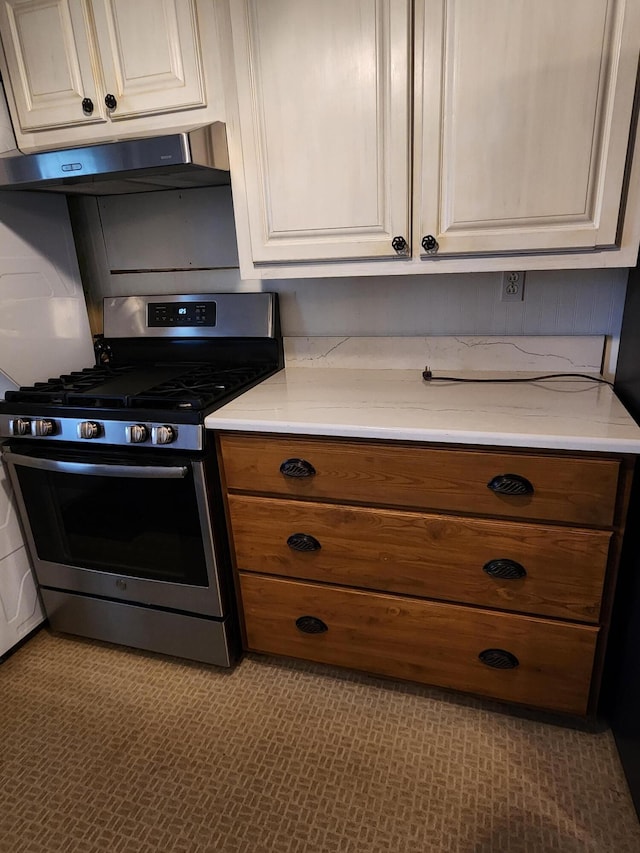 368 Old Hickory Dr, Coldwater, MI 49036 - kitchen with gas stove, range hood, and light stone counters