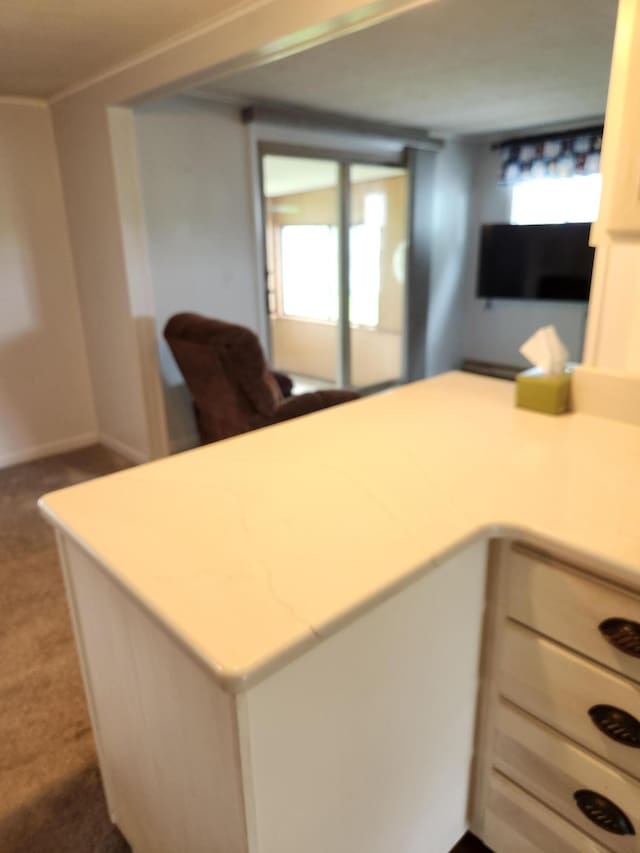 368 Old Hickory Dr, Coldwater, MI 49036 - kitchen featuring carpet flooring, a peninsula, light countertops, and open floor plan