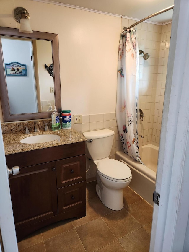 368 Old Hickory Dr, Coldwater, MI 49036 - full bath with vanity, shower / bathtub combination with curtain, tile walls, ornamental molding, and tile patterned flooring