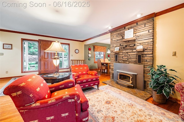 21781 Thorofare Rd, Grosse Ile, MI 48138 - living room featuring wood finished floors, ornamental molding, and a stone fireplace