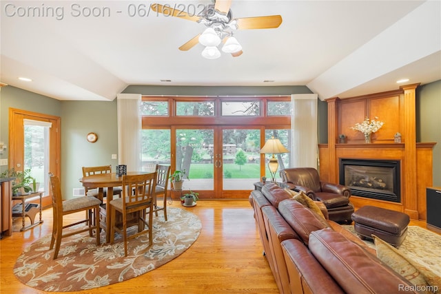 21781 Thorofare Rd, Grosse Ile, MI 48138 - dining room with vaulted ceiling, french doors, light wood-style flooring, plenty of natural light, and a ceiling fan