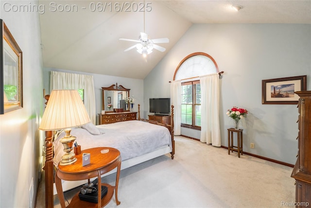 21781 Thorofare Rd, Grosse Ile, MI 48138 - carpeted bedroom with high vaulted ceiling and ceiling fan