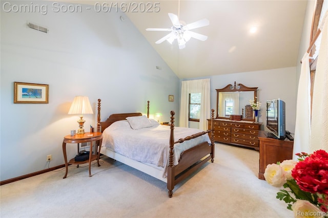 21781 Thorofare Rd, Grosse Ile, MI 48138 - bedroom featuring high vaulted ceiling, light colored carpet, and a ceiling fan